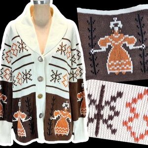 VINTAGE cowichan style knit sweater cardigan Dutch girls ladies button belted